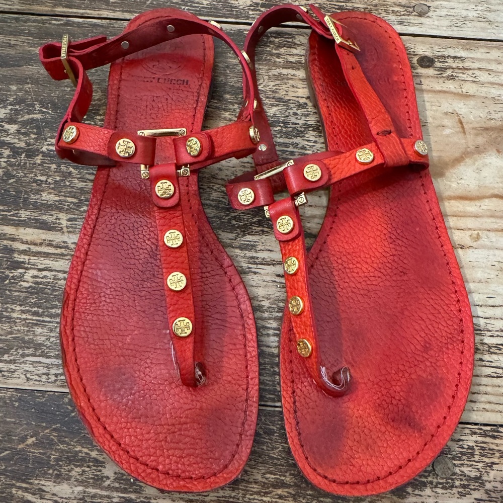 Tory Burch Red Sandals with Gold Accents